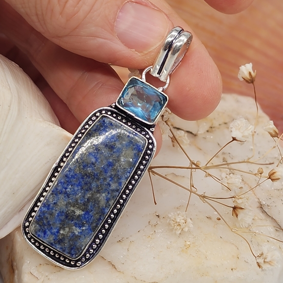 Nnatural Lapis/Blue Topaz Stone Silver 925 Pendant/Necklace - Picture 5 of 11